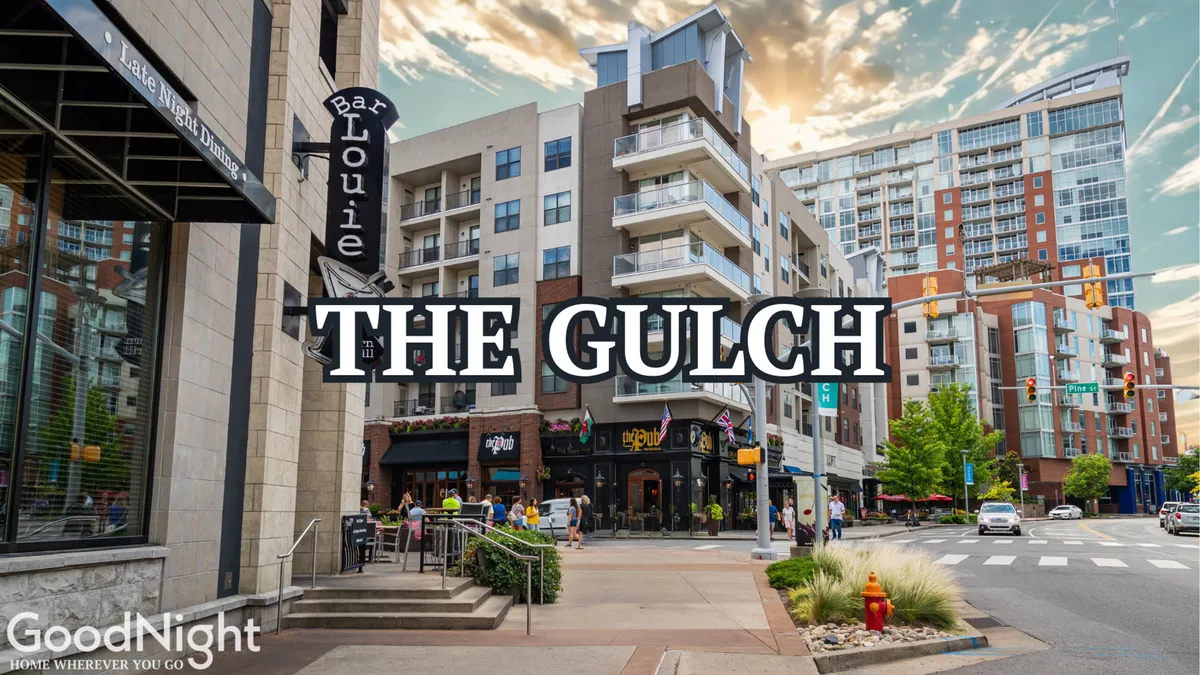 A bustling Midtown street scene featuring Bar Louie, modern apartment buildings, pedestrians, and prominent street signage. The lively environment hints at dining, shopping, and socializing opportunities available just steps from the property.