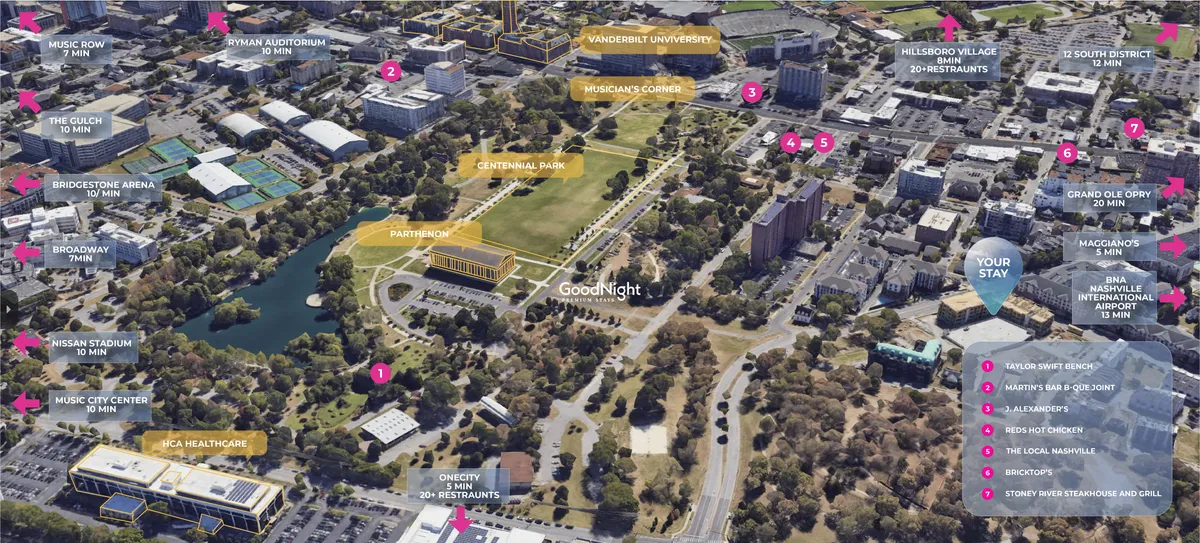 A sweeping view showcasing Vanderbilt University, Centennial Park, Music Row, Nissan Stadium, and Hillsboro Village. The scene captures the energetic atmosphere of Nashville, with iconic city landmarks, green spaces, and visible pathways leading to major business and educational hubs.